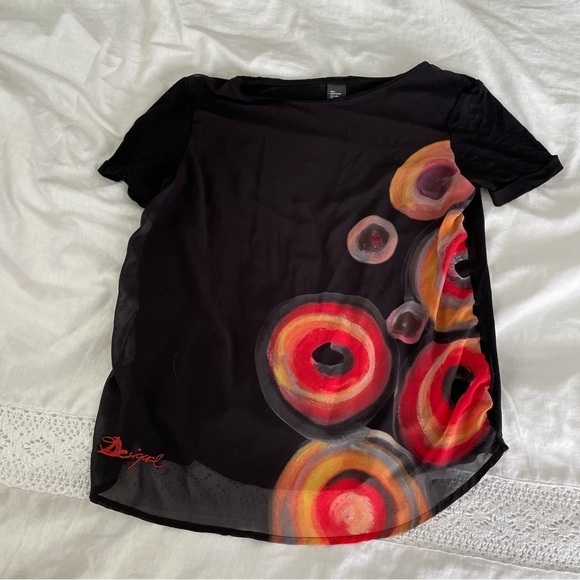 Desigual MEDIUM Black Red Circle Dot Spots Short sleeve Blouse top Shirt lined - Picture 1 of 6